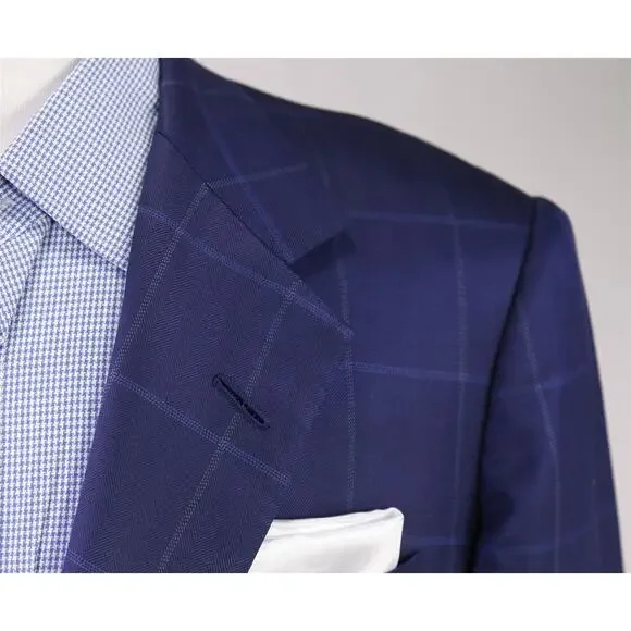 Edgar Pomeroy Bespoke Royal Blue Windowpane 2-Btn Silk Sportcoat Blazer 40R